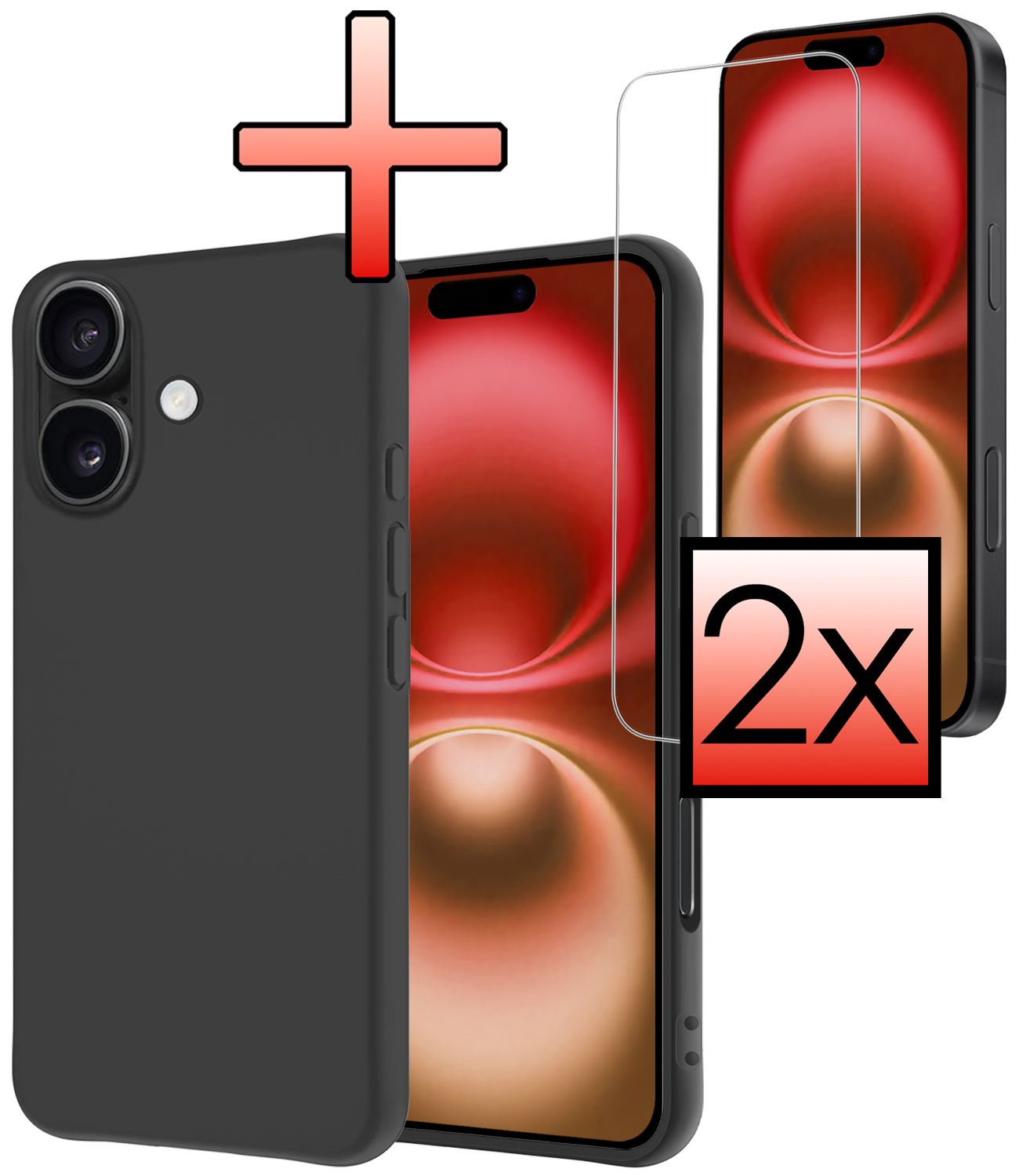 NoXx Hoes Geschikt voor iPhone 16 Hoesje Cover Siliconen Back Case Hoes Met 2x Screenprotector - Zwart
