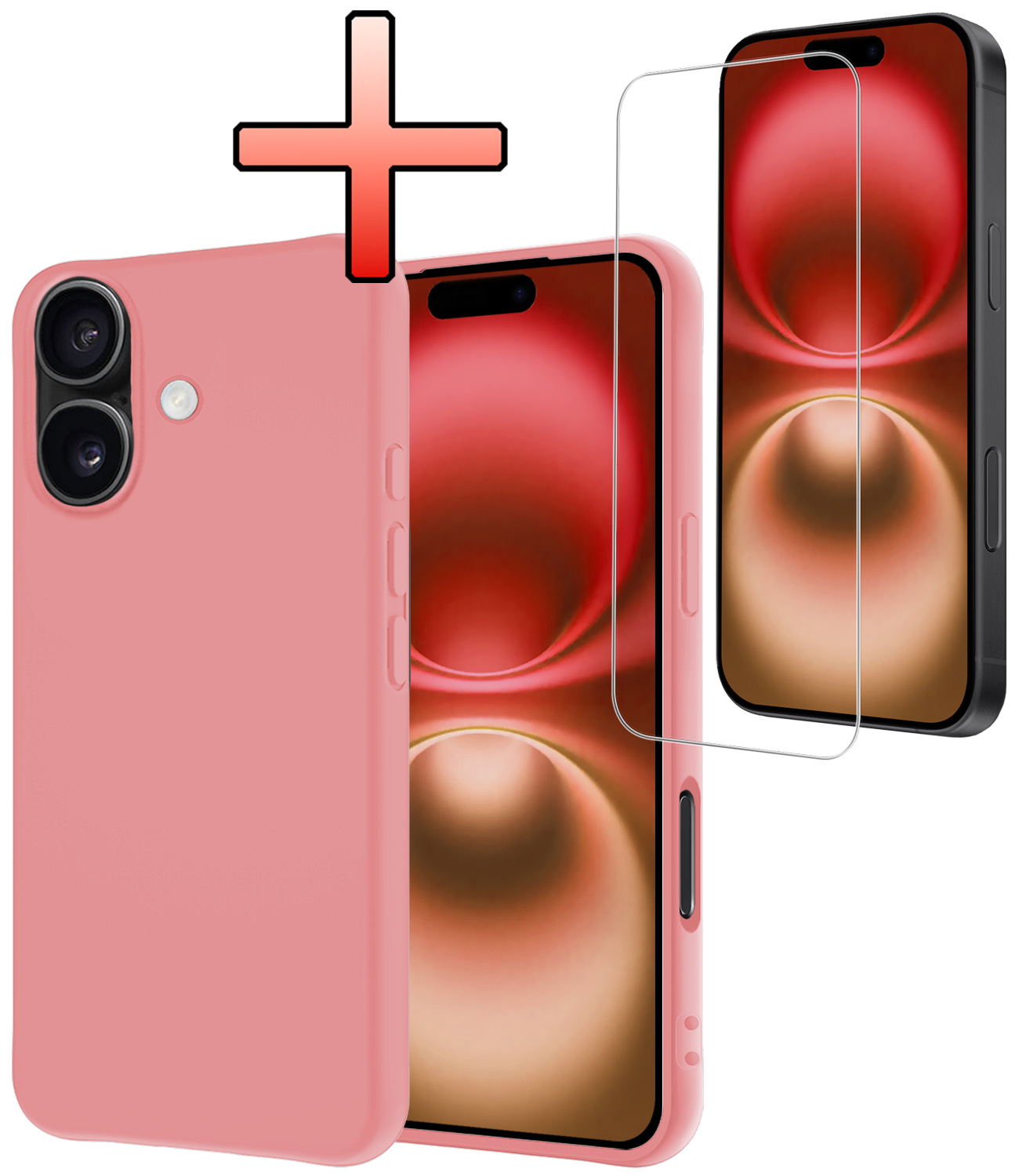 NoXx Hoes Geschikt voor iPhone 16 Plus Hoesje Cover Siliconen Back Case Hoes Met Screenprotector - Lichtroze