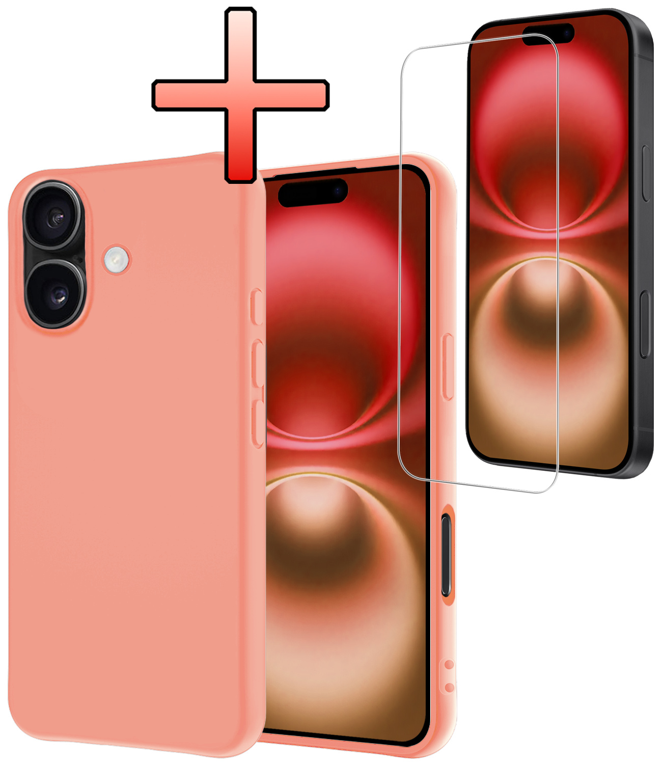 NoXx Hoes Geschikt voor iPhone 16 Plus Hoesje Cover Siliconen Back Case Hoes Met Screenprotector - Perzik