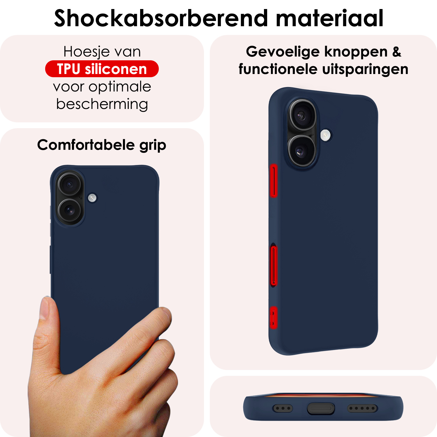 NoXx Hoes Geschikt voor iPhone 16 Plus Hoesje Cover Siliconen Back Case Hoes Met 2x Screenprotector - Donkerblauw