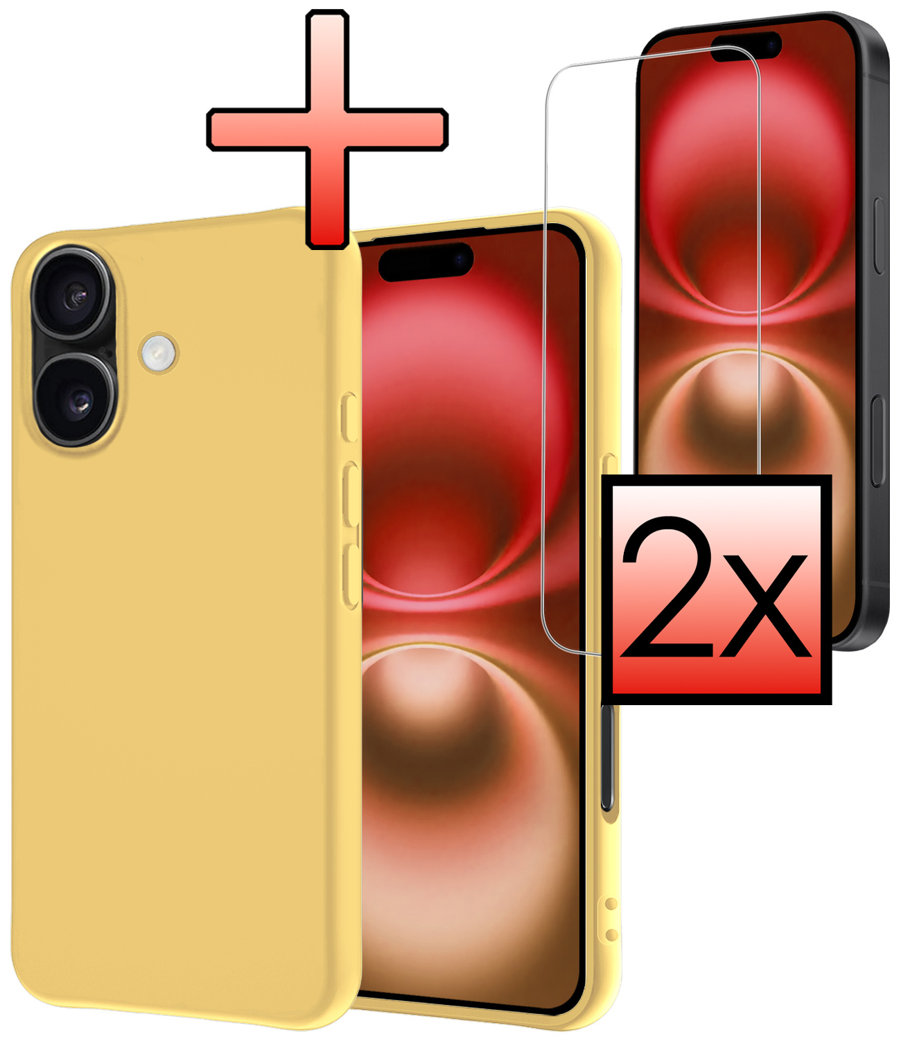 NoXx Hoes Geschikt voor iPhone 16 Plus Hoesje Cover Siliconen Back Case Hoes Met 2x Screenprotector - Geel