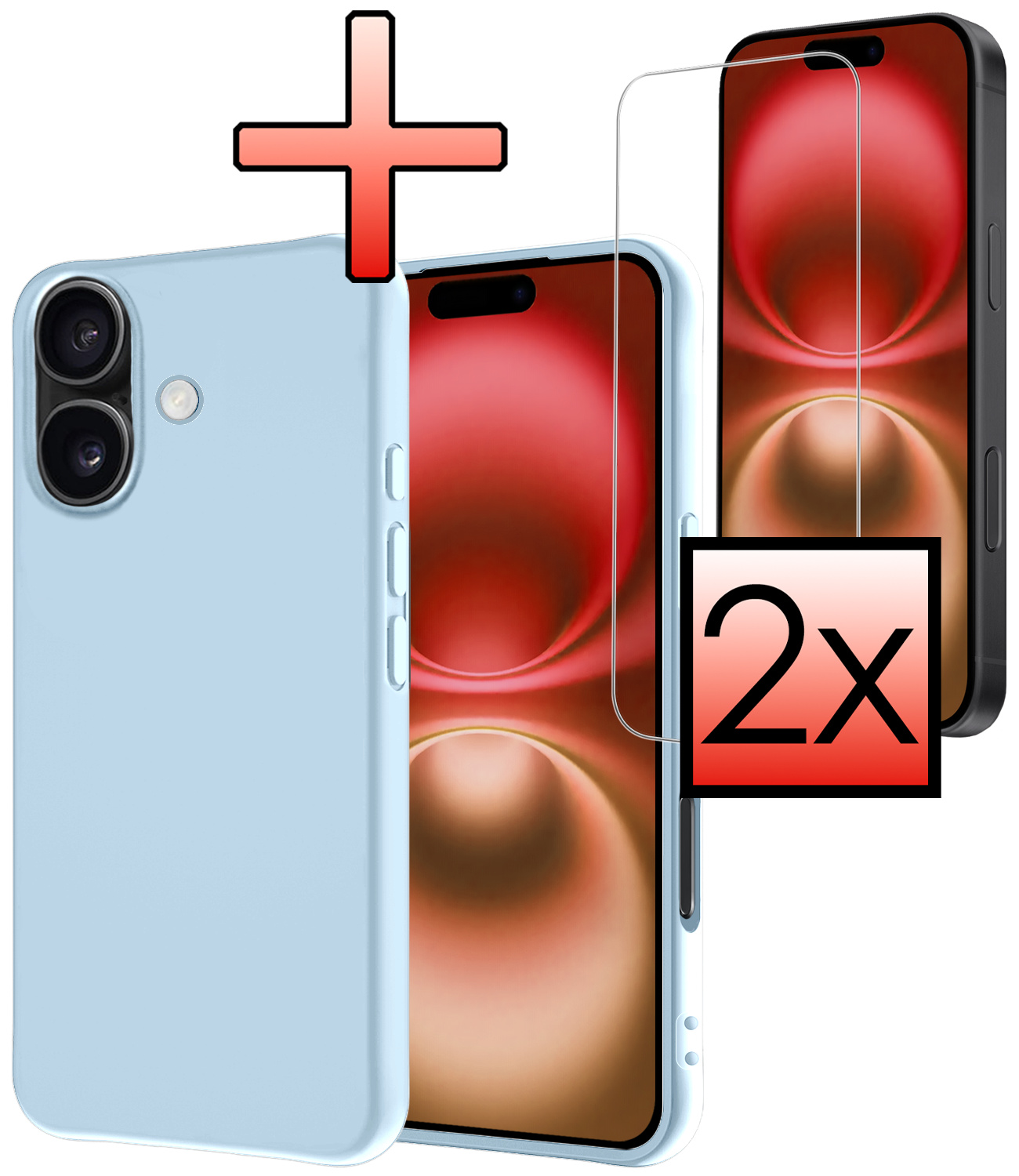 NoXx Hoes Geschikt voor iPhone 16 Plus Hoesje Cover Siliconen Back Case Hoes Met 2x Screenprotector - Lichtblauw