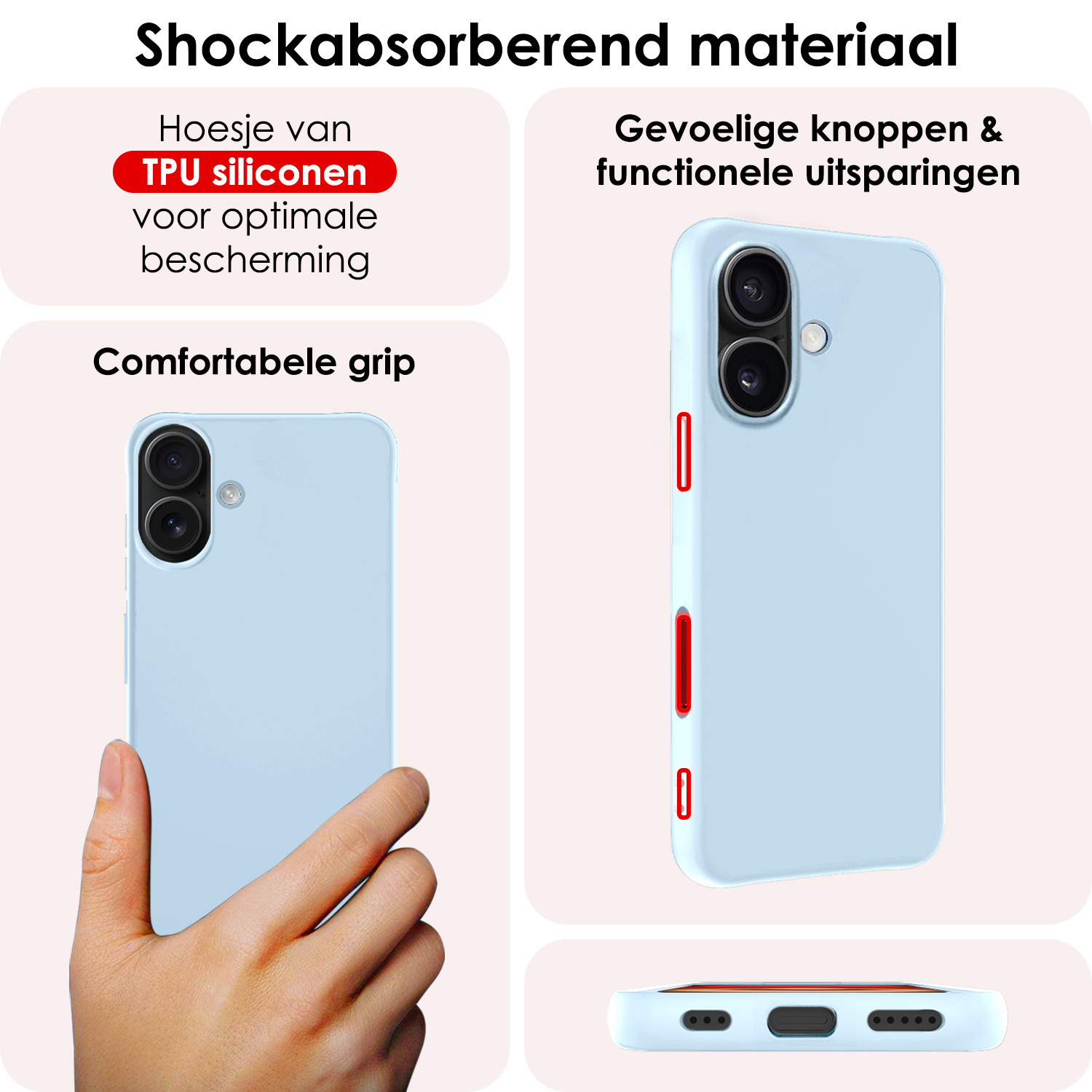 NoXx Hoes Geschikt voor iPhone 16 Plus Hoesje Cover Siliconen Back Case Hoes Met 2x Screenprotector - Lichtblauw