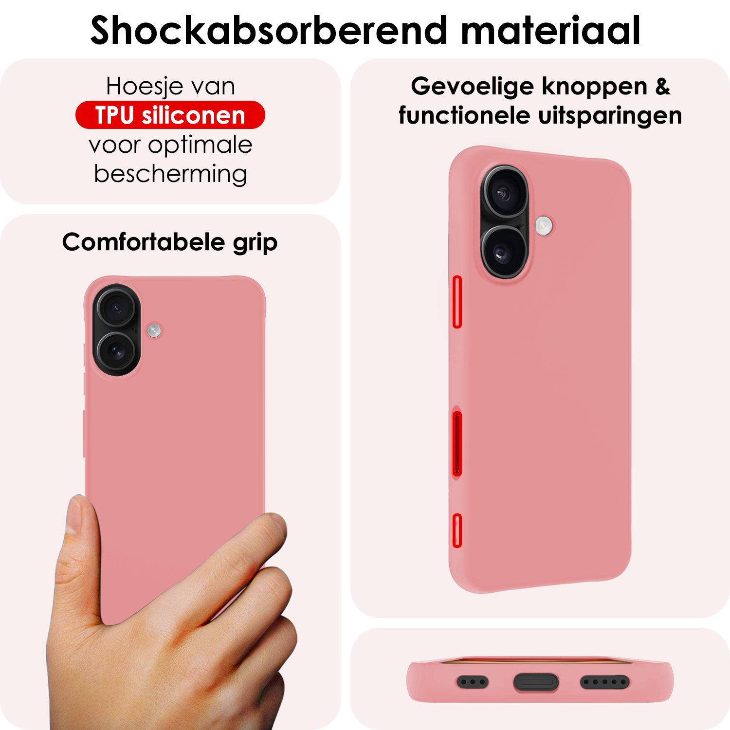 NoXx Hoes Geschikt voor iPhone 16 Plus Hoesje Cover Siliconen Back Case Hoes Met 2x Screenprotector - Lichtroze