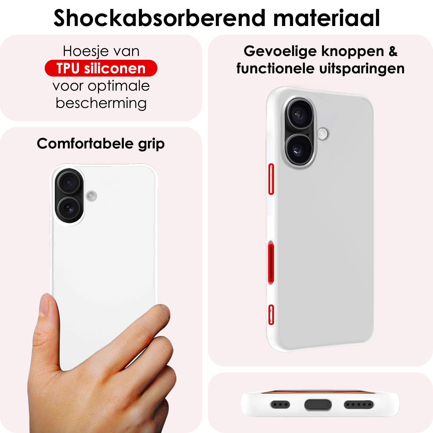 NoXx Hoes Geschikt voor iPhone 16 Plus Hoesje Cover Siliconen Back Case Hoes Met 2x Screenprotector - Wit