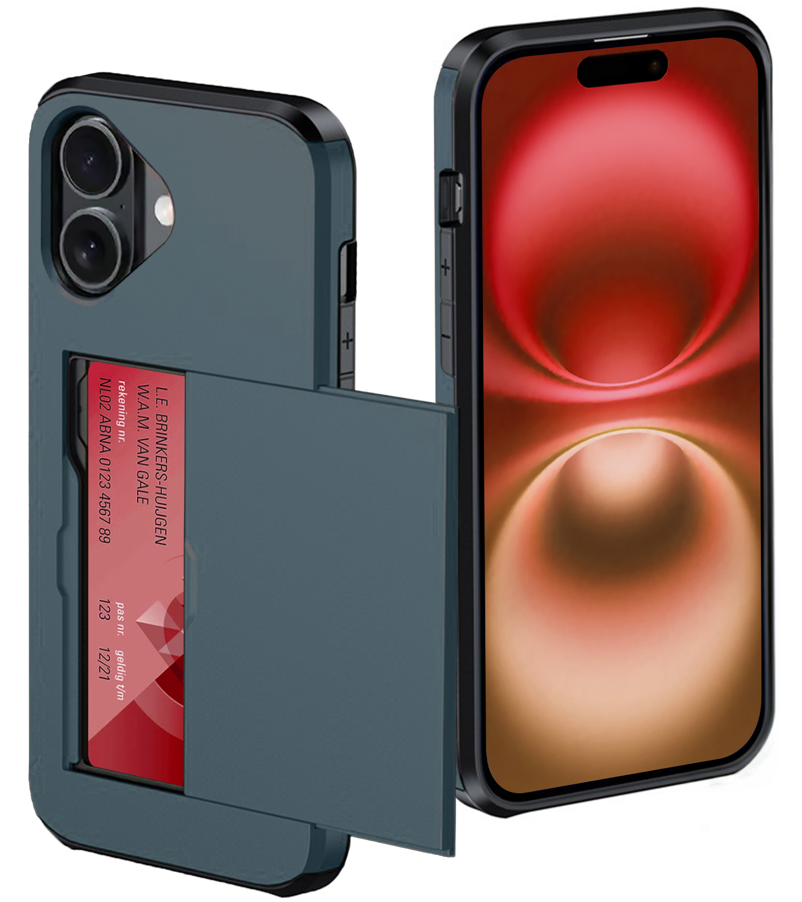 NoXx Hoes Geschikt voor iPhone 16 Hoesje Pasjeshouder Hard Cover Shock Proof Hard Case Hoes Met Kaarthouder - Donkerblauw