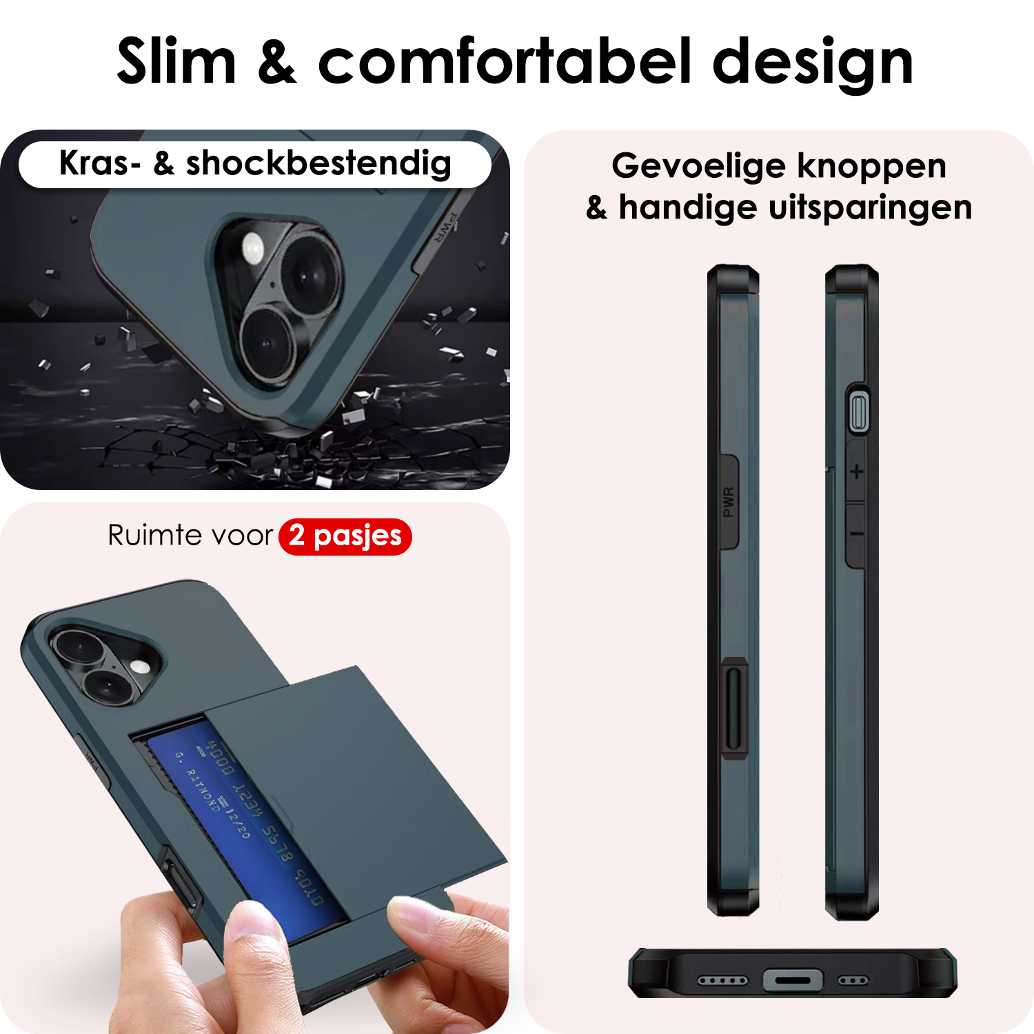 NoXx Hoes Geschikt voor iPhone 16 Hoesje Pasjeshouder Hard Cover Shock Proof Hard Case Hoes Met Kaarthouder - Donkerblauw