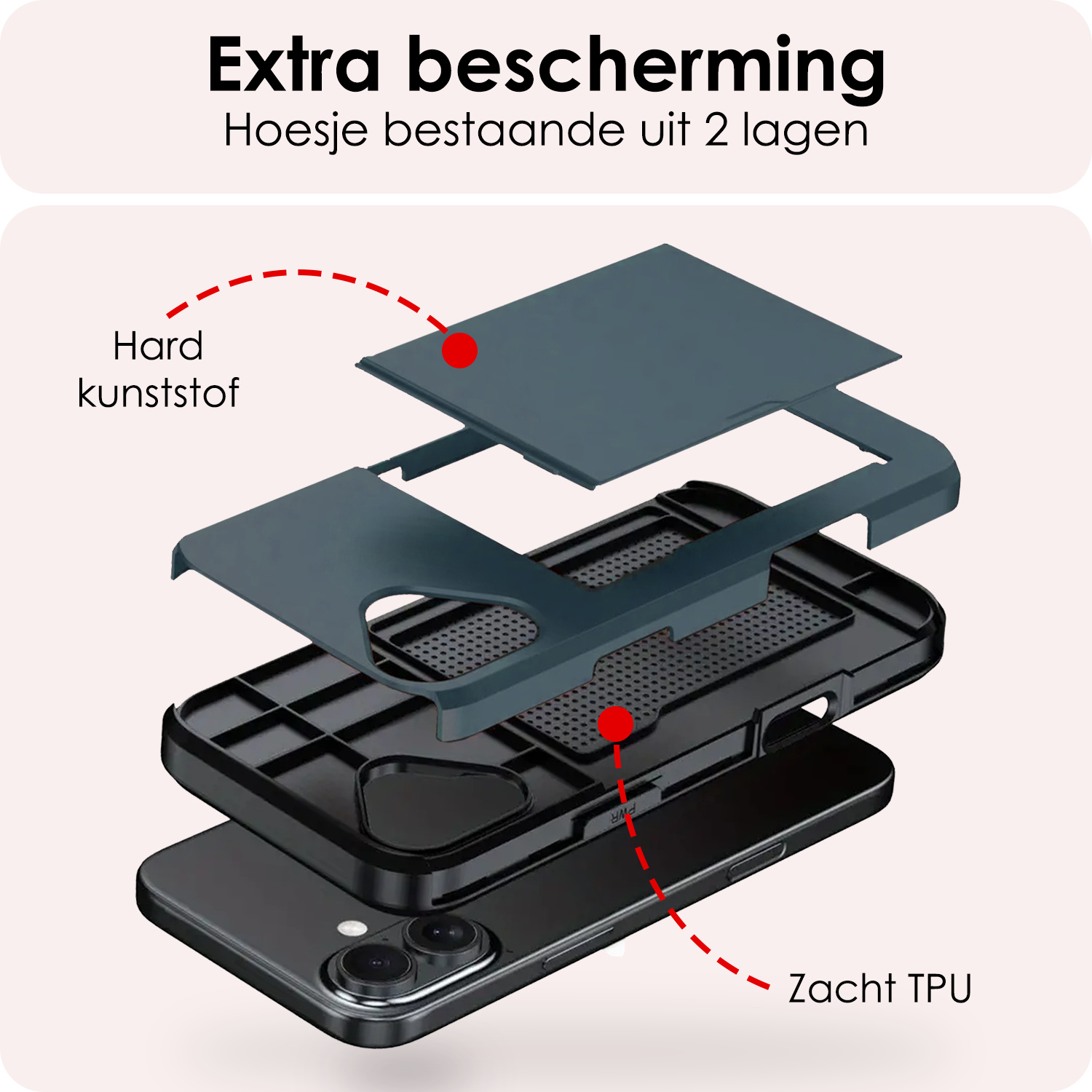 NoXx Hoes Geschikt voor iPhone 16 Hoesje Pasjeshouder Hard Cover Shock Proof Hard Case Hoes Met Kaarthouder - Donkerblauw