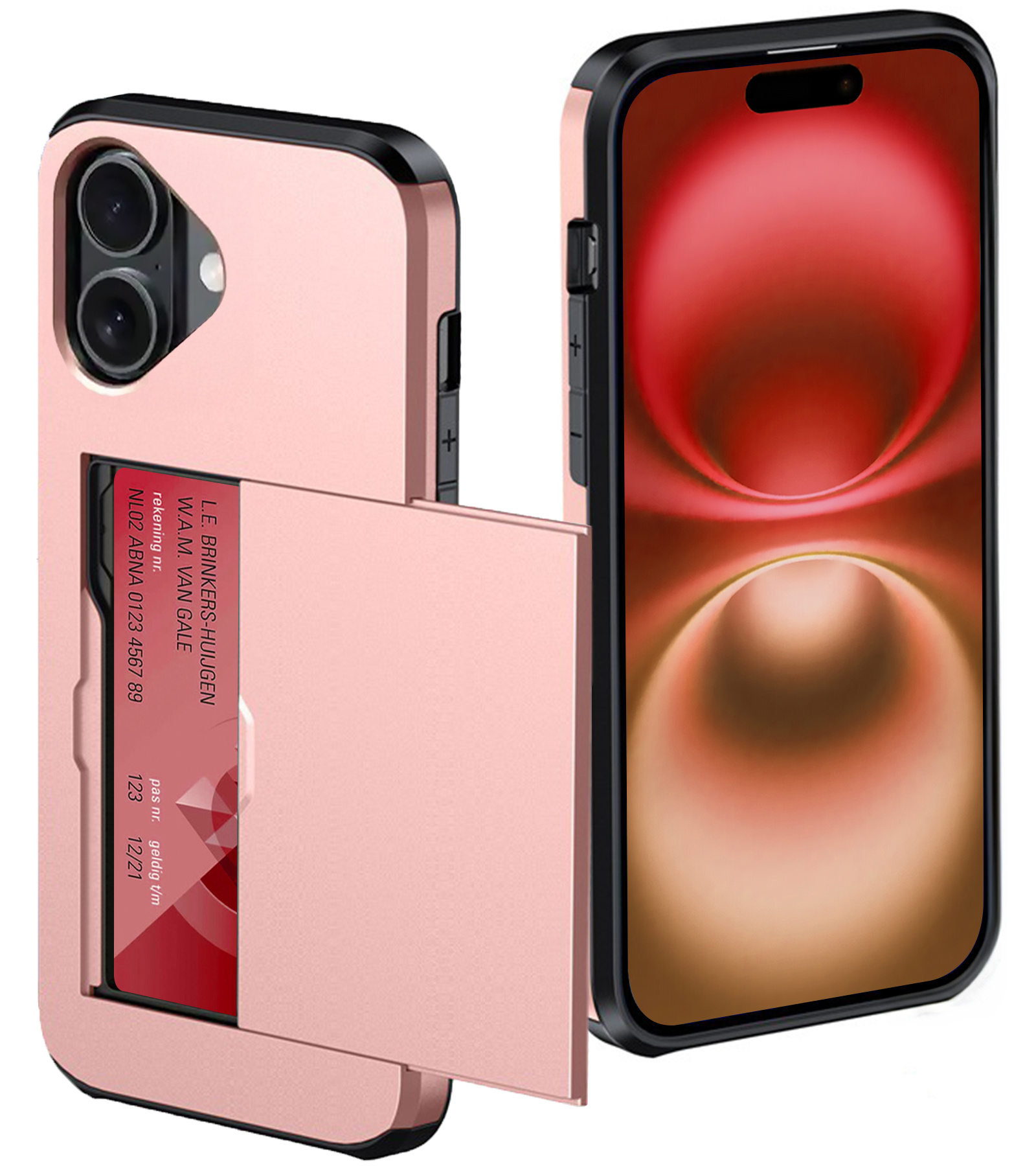 NoXx Hoes Geschikt voor iPhone 16 Hoesje Pasjeshouder Hard Cover Shock Proof Hard Case Hoes Met Kaarthouder - Rosé goud