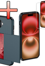 NoXx Hoes Geschikt voor iPhone 16 Hoesje Pasjeshouder Hard Cover Met Screenprotector Shock Proof Hard Case Hoes Met Kaarthouder - Donkerblauw