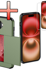 NoXx Hoes Geschikt voor iPhone 16 Hoesje Pasjeshouder Hard Cover Met Screenprotector Shock Proof Hard Case Hoes Met Kaarthouder - Donkergroen