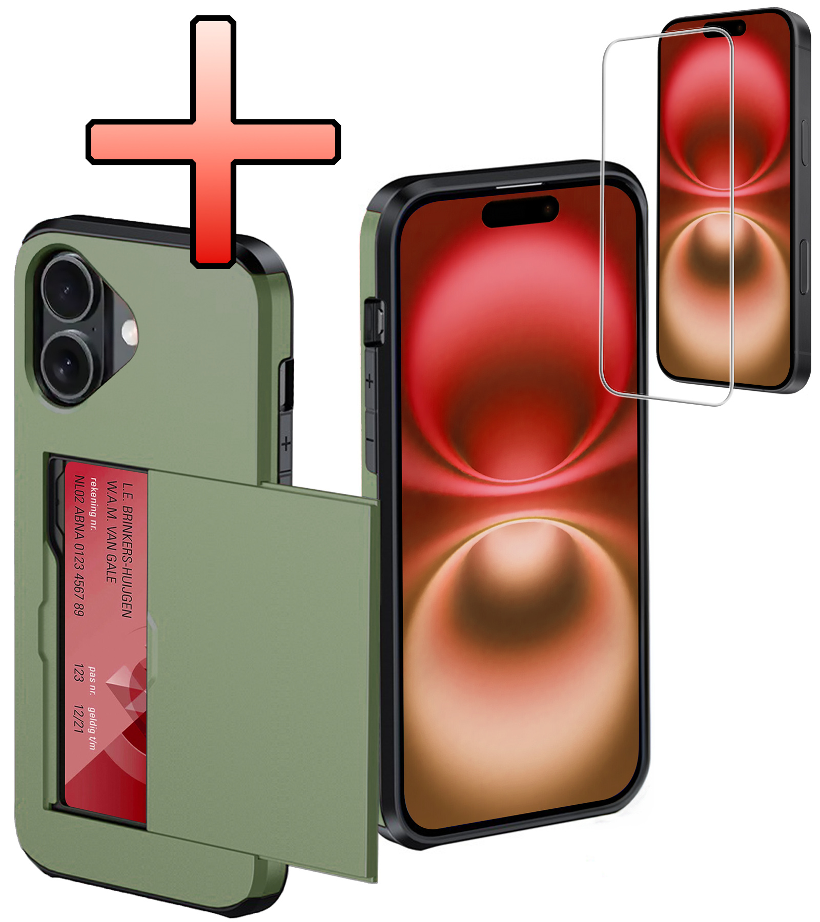 NoXx Hoes Geschikt voor iPhone 16 Hoesje Pasjeshouder Hard Cover Met Screenprotector Shock Proof Hard Case Hoes Met Kaarthouder - Donkergroen