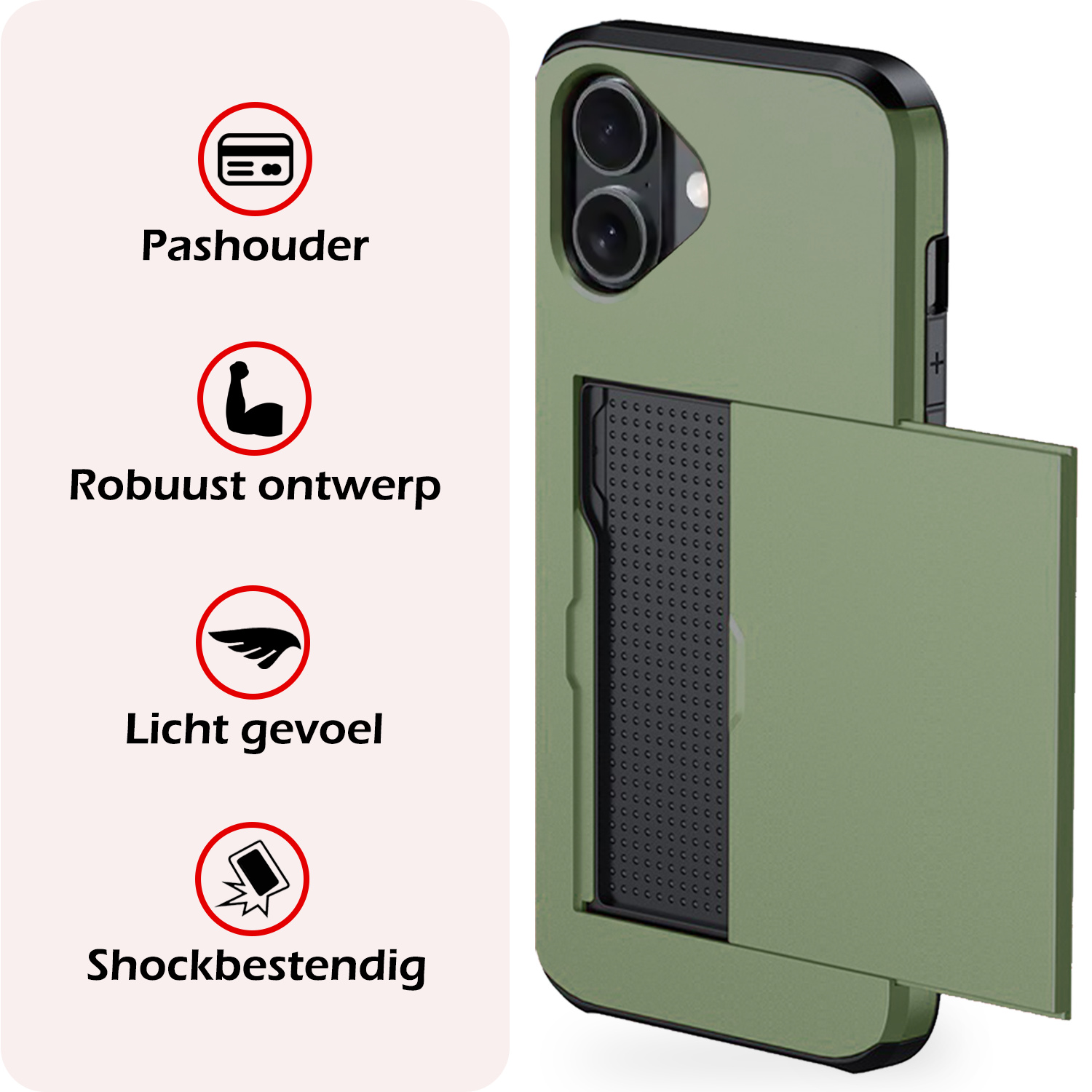 NoXx Hoes Geschikt voor iPhone 16 Hoesje Pasjeshouder Hard Cover Met Screenprotector Shock Proof Hard Case Hoes Met Kaarthouder - Donkergroen