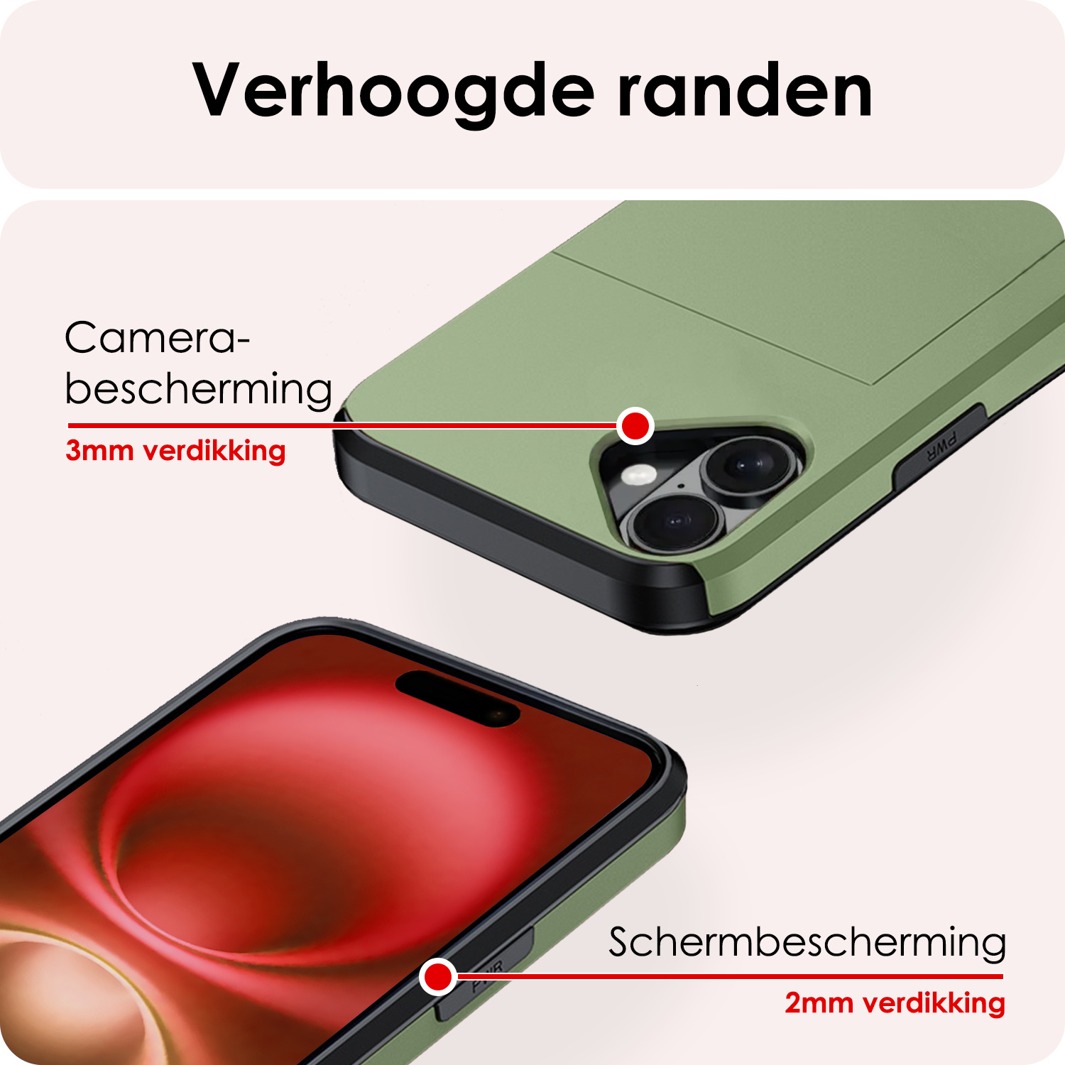 NoXx Hoes Geschikt voor iPhone 16 Hoesje Pasjeshouder Hard Cover Met Screenprotector Shock Proof Hard Case Hoes Met Kaarthouder - Donkergroen