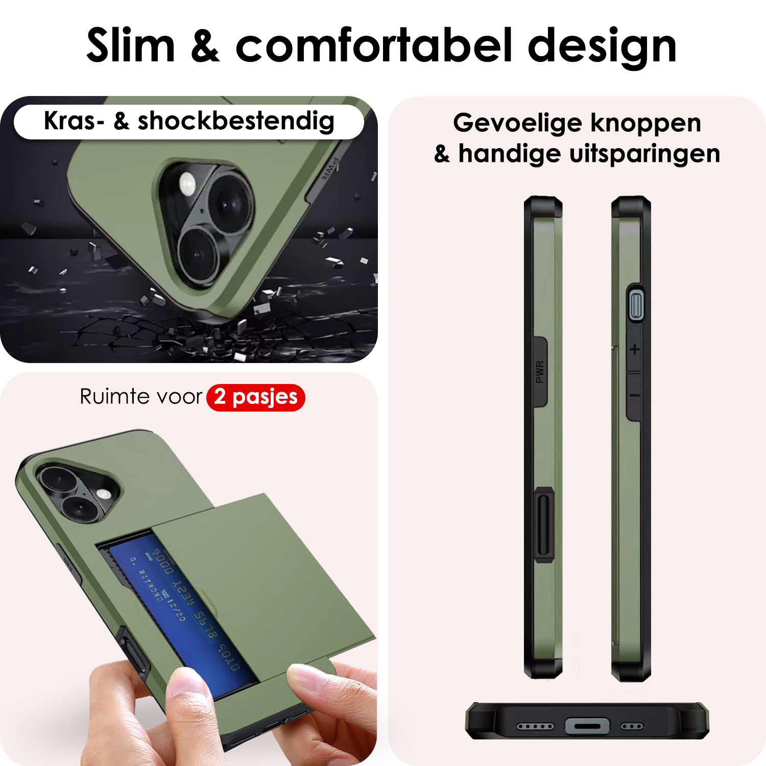 NoXx Hoes Geschikt voor iPhone 16 Hoesje Pasjeshouder Hard Cover Met Screenprotector Shock Proof Hard Case Hoes Met Kaarthouder - Donkergroen
