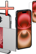 NoXx Hoes Geschikt voor iPhone 16 Hoesje Pasjeshouder Hard Cover Met Screenprotector Shock Proof Hard Case Hoes Met Kaarthouder - Grijs