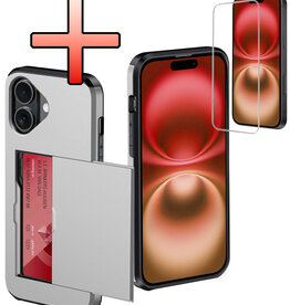 NoXx NoXx iPhone 16 Hoesje Pashouder Hard Met Screenprotector - Grijs