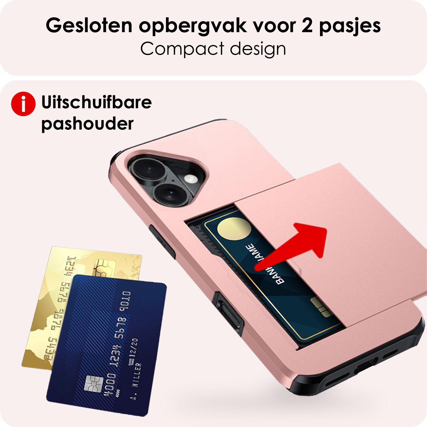 NoXx Hoes Geschikt voor iPhone 16 Hoesje Pasjeshouder Hard Cover Met Screenprotector Shock Proof Hard Case Hoes Met Kaarthouder - Rosé goud