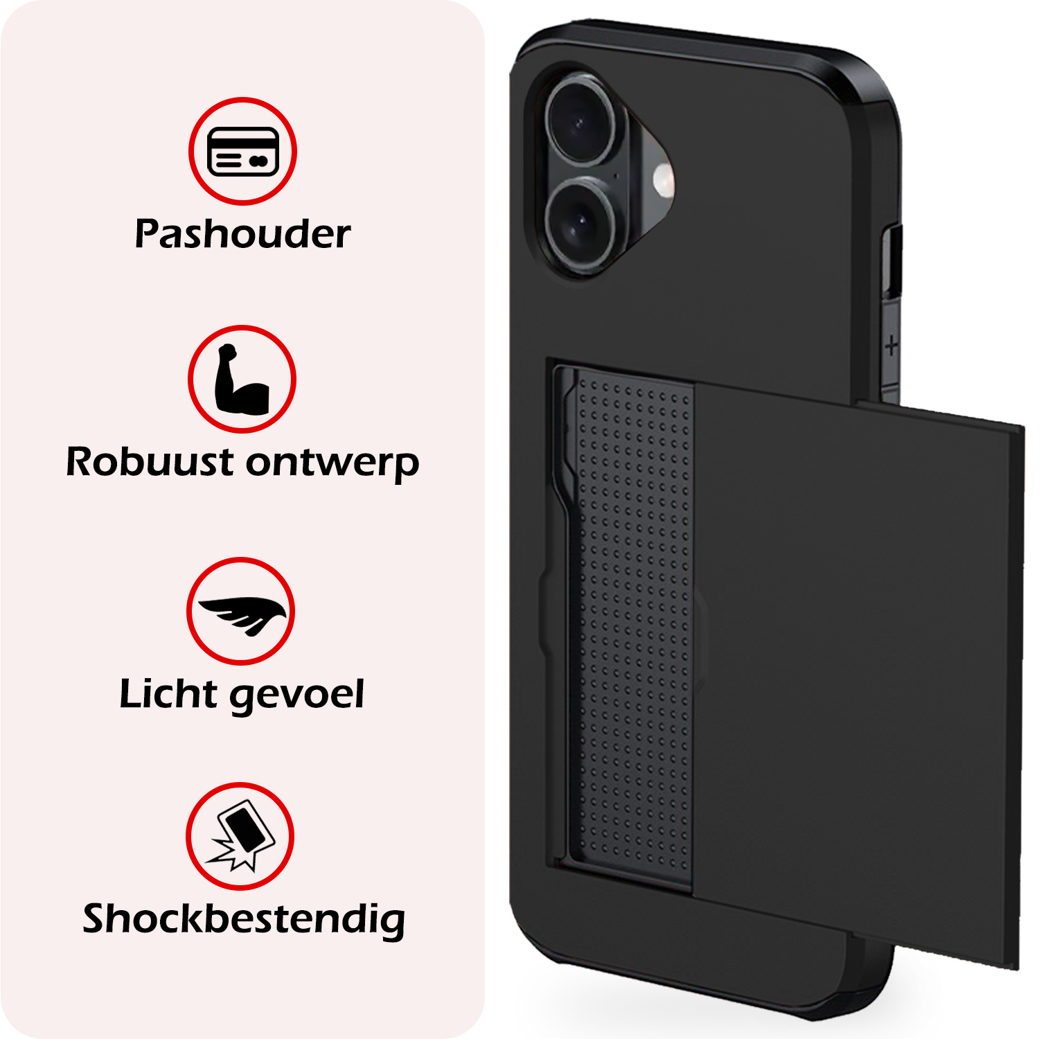 NoXx Hoes Geschikt voor iPhone 16 Hoesje Pasjeshouder Hard Cover Met Screenprotector Shock Proof Hard Case Hoes Met Kaarthouder - Zwart