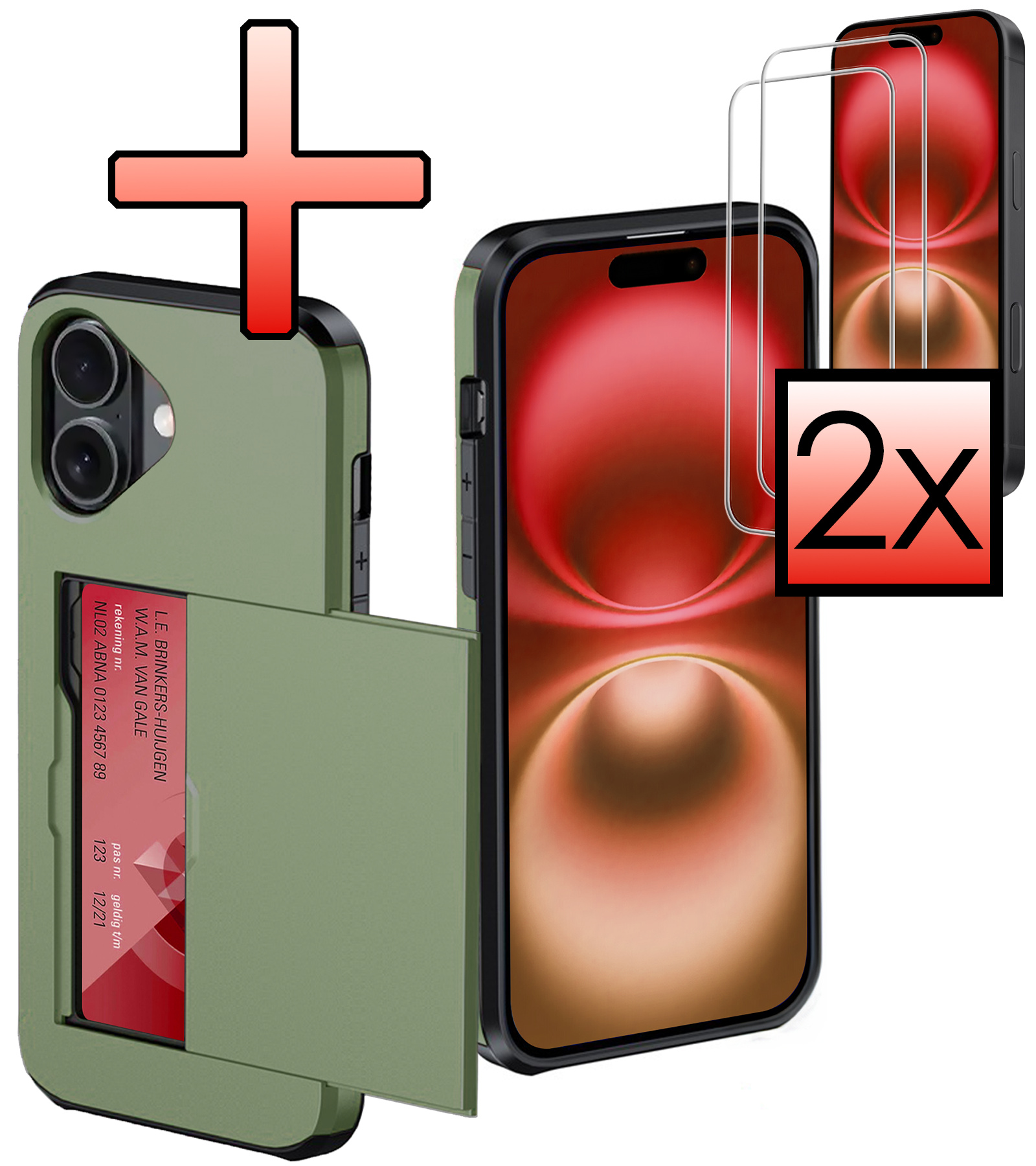 NoXx Hoes Geschikt voor iPhone 16 Hoesje Pasjeshouder Hard Cover Met 2x Screenprotector Shock Proof Hard Case Hoes Met Kaarthouder - Donkergroen