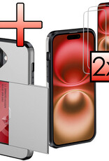 NoXx Hoes Geschikt voor iPhone 16 Hoesje Pasjeshouder Hard Cover Met 2x Screenprotector Shock Proof Hard Case Hoes Met Kaarthouder - Grijs