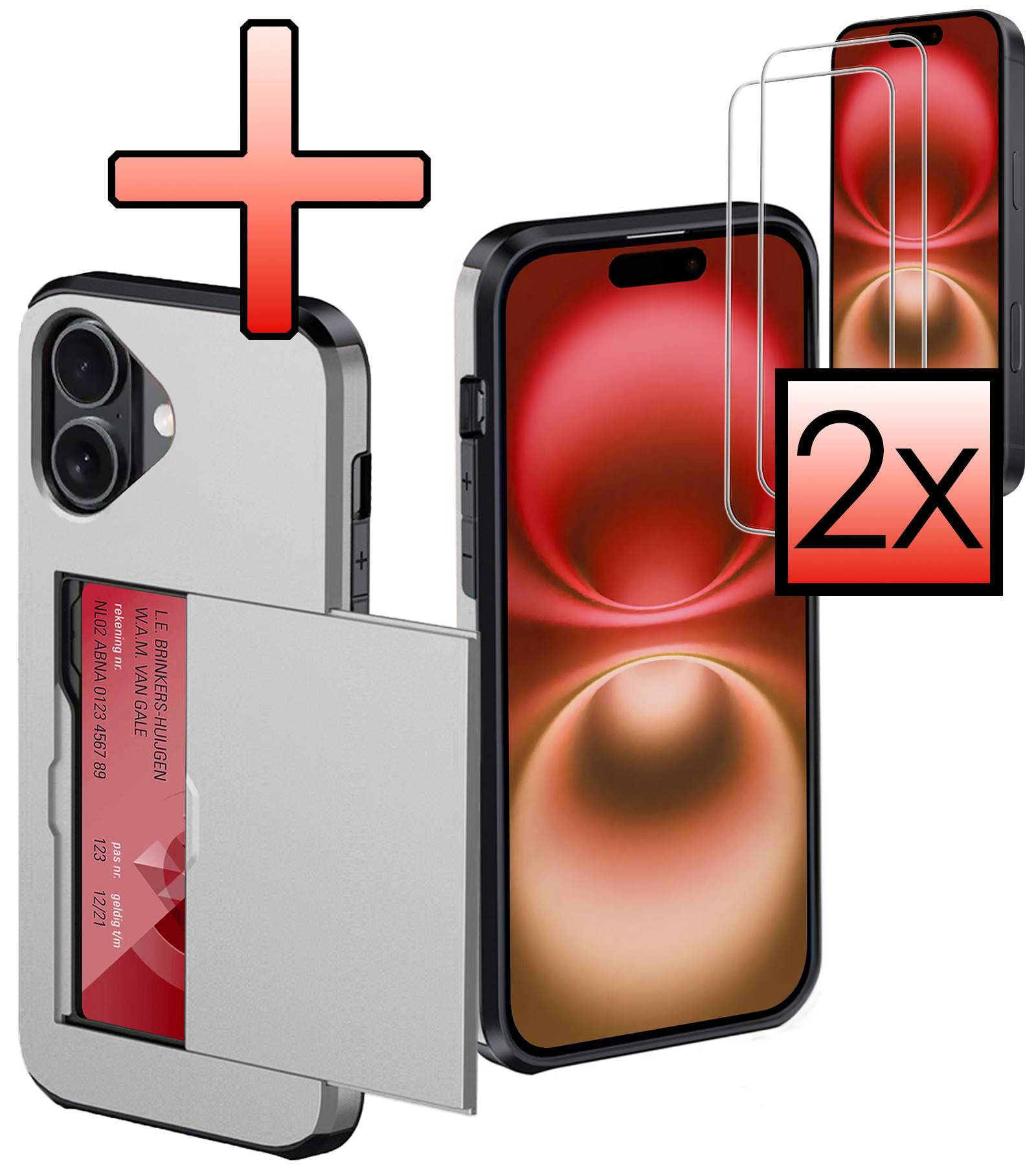 NoXx Hoes Geschikt voor iPhone 16 Hoesje Pasjeshouder Hard Cover Met 2x Screenprotector Shock Proof Hard Case Hoes Met Kaarthouder - Grijs