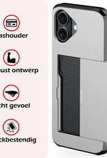 NoXx Hoes Geschikt voor iPhone 16 Hoesje Pasjeshouder Hard Cover Met 2x Screenprotector Shock Proof Hard Case Hoes Met Kaarthouder - Grijs