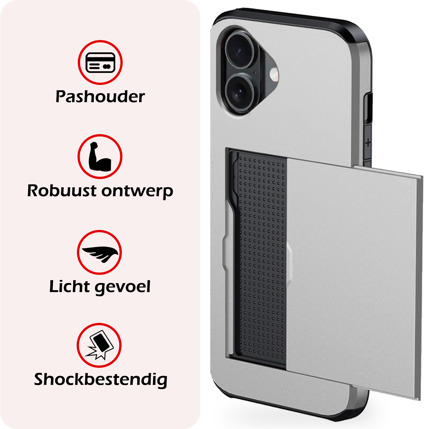 NoXx Hoes Geschikt voor iPhone 16 Hoesje Pasjeshouder Hard Cover Met 2x Screenprotector Shock Proof Hard Case Hoes Met Kaarthouder - Grijs