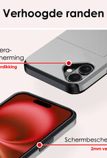 NoXx Hoes Geschikt voor iPhone 16 Hoesje Pasjeshouder Hard Cover Met 2x Screenprotector Shock Proof Hard Case Hoes Met Kaarthouder - Grijs