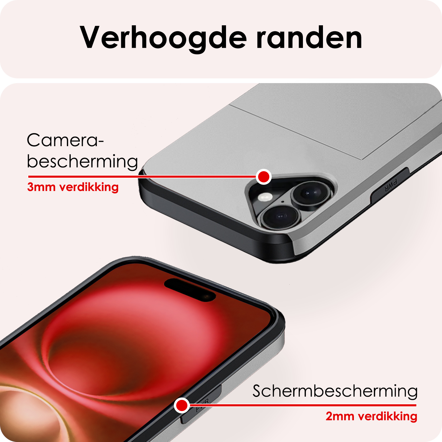 NoXx Hoes Geschikt voor iPhone 16 Hoesje Pasjeshouder Hard Cover Met 2x Screenprotector Shock Proof Hard Case Hoes Met Kaarthouder - Grijs