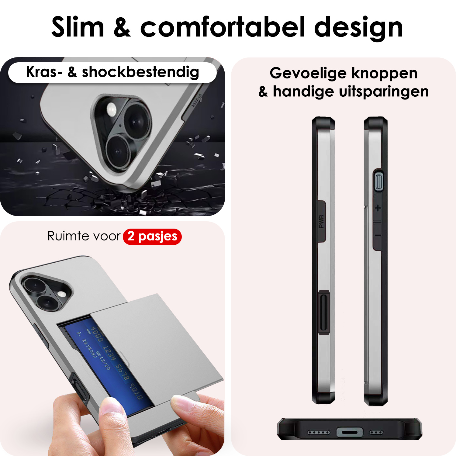 NoXx Hoes Geschikt voor iPhone 16 Hoesje Pasjeshouder Hard Cover Met 2x Screenprotector Shock Proof Hard Case Hoes Met Kaarthouder - Grijs