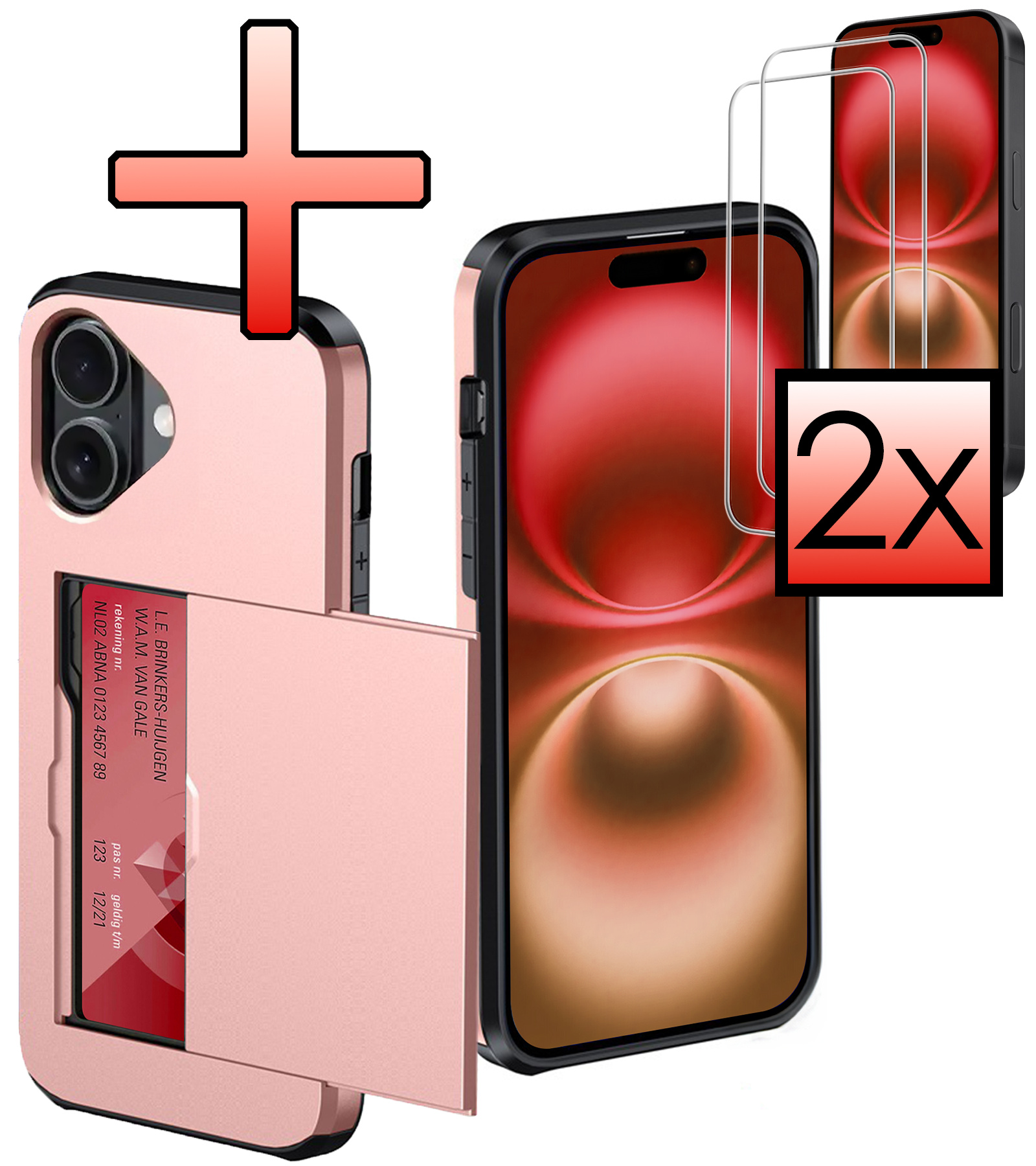 NoXx Hoes Geschikt voor iPhone 16 Hoesje Pasjeshouder Hard Cover Met 2x Screenprotector Shock Proof Hard Case Hoes Met Kaarthouder - Rosé goud