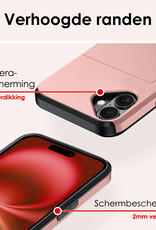 NoXx Hoes Geschikt voor iPhone 16 Hoesje Pasjeshouder Hard Cover Met 2x Screenprotector Shock Proof Hard Case Hoes Met Kaarthouder - Rosé goud