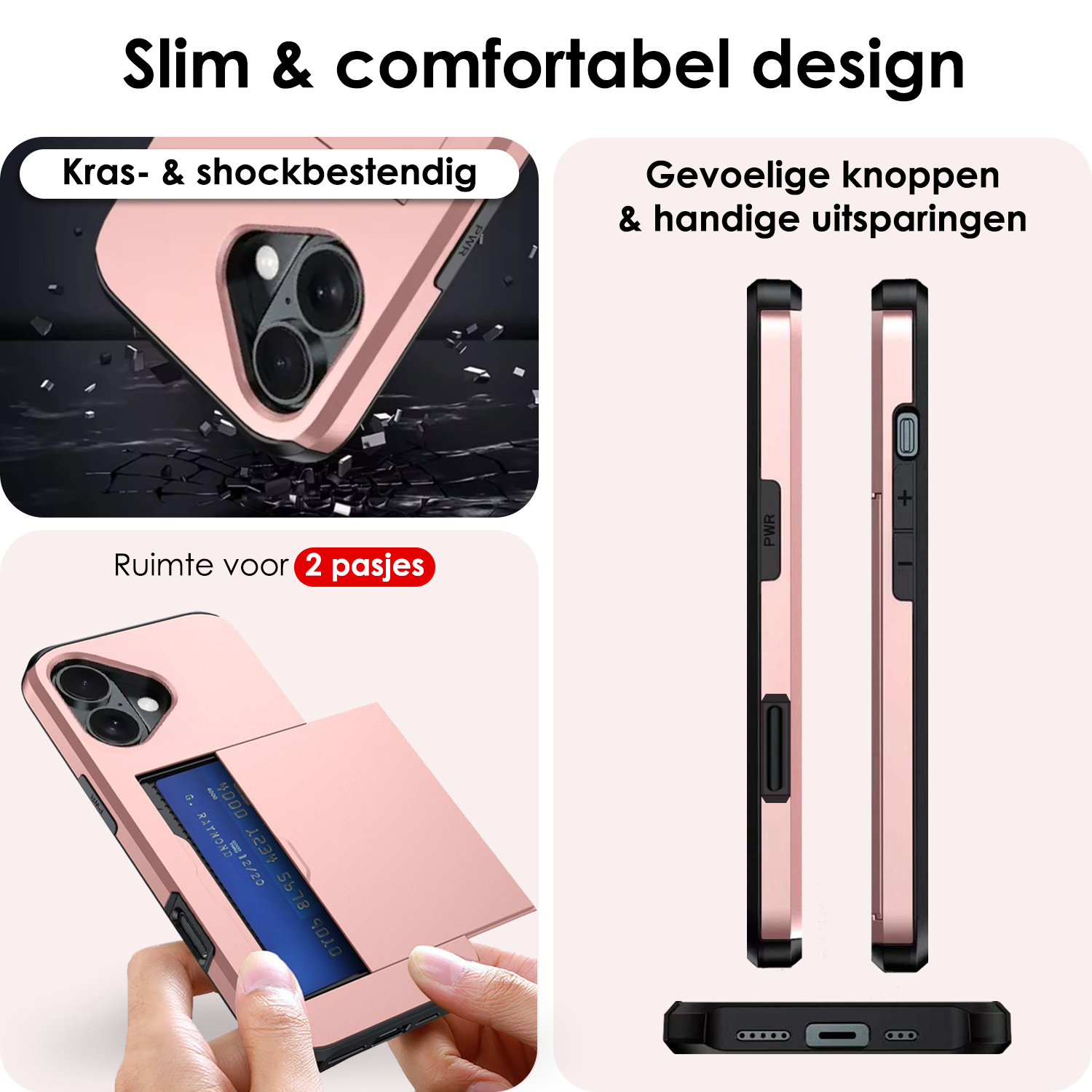 NoXx Hoes Geschikt voor iPhone 16 Hoesje Pasjeshouder Hard Cover Met 2x Screenprotector Shock Proof Hard Case Hoes Met Kaarthouder - Rosé goud