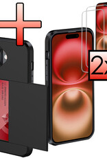 NoXx Hoes Geschikt voor iPhone 16 Hoesje Pasjeshouder Hard Cover Met 2x Screenprotector Shock Proof Hard Case Hoes Met Kaarthouder - Zwart