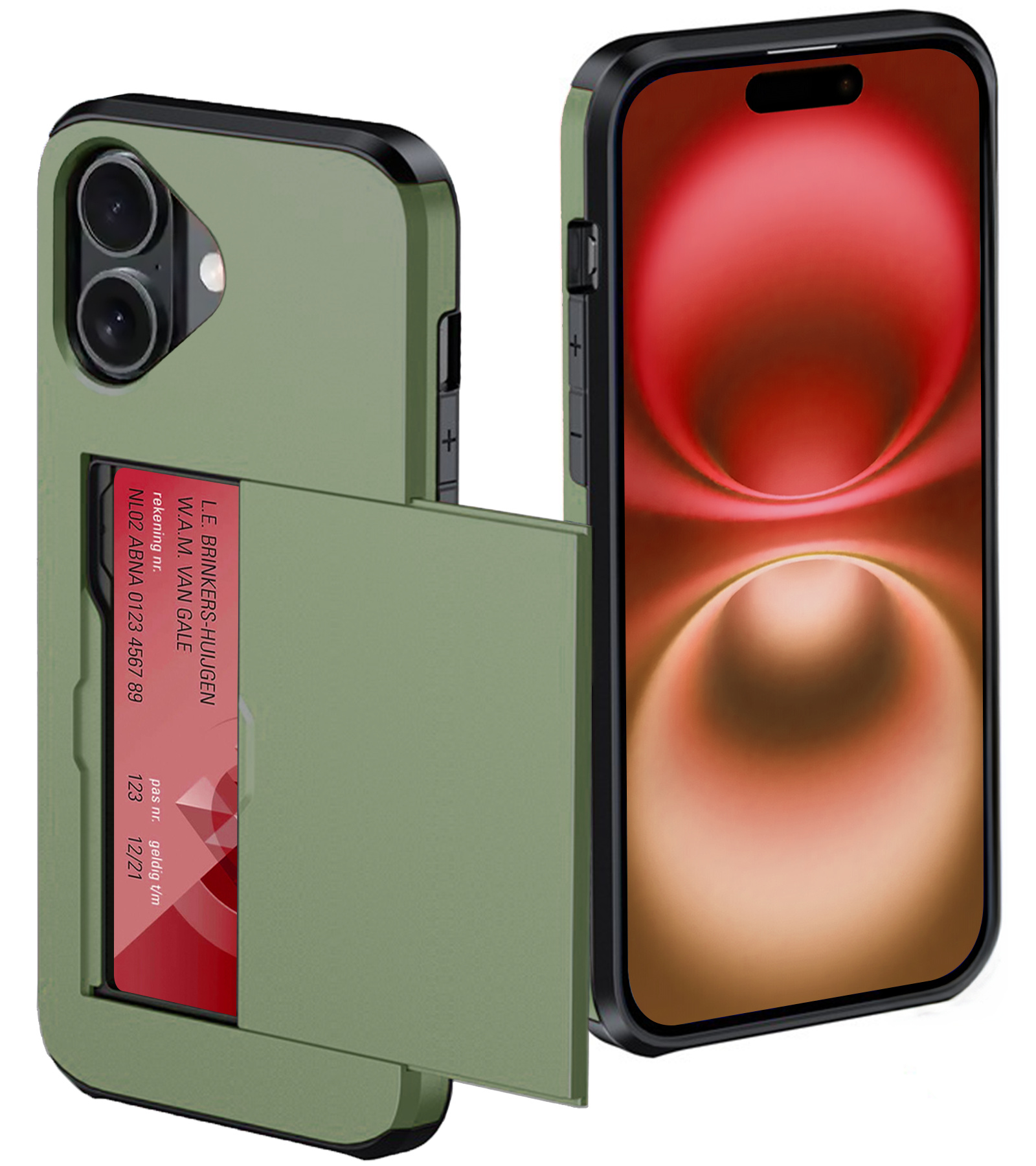 NoXx Hoes Geschikt voor iPhone 16 Plus Hoesje Pasjeshouder Hard Cover Shock Proof Hard Case Hoes Met Kaarthouder - Donkergroen