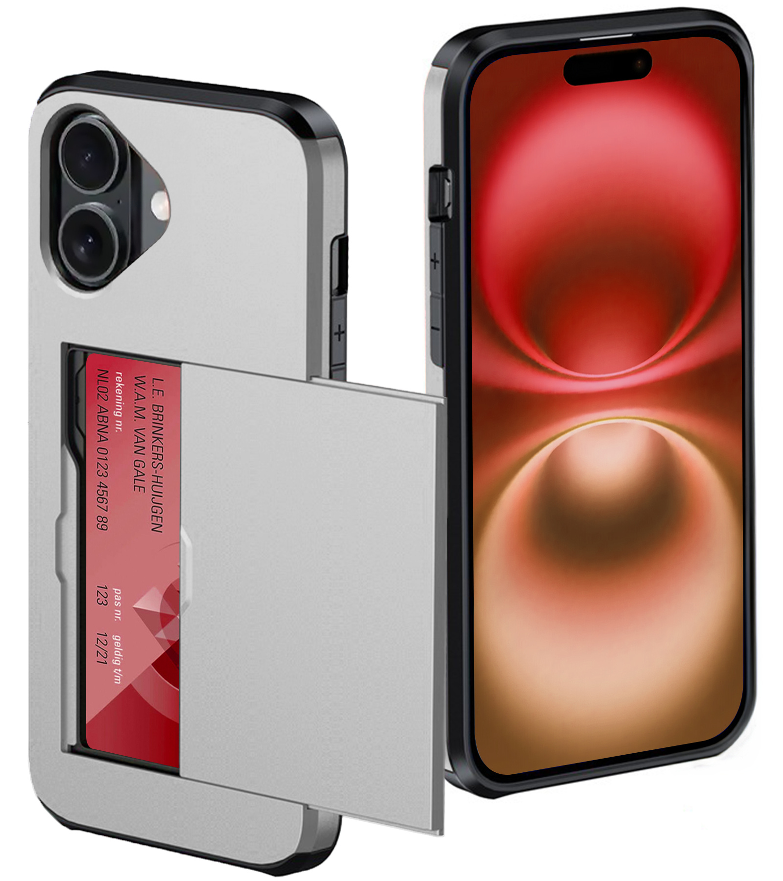 NoXx Hoes Geschikt voor iPhone 16 Plus Hoesje Pasjeshouder Hard Cover Shock Proof Hard Case Hoes Met Kaarthouder - Grijs