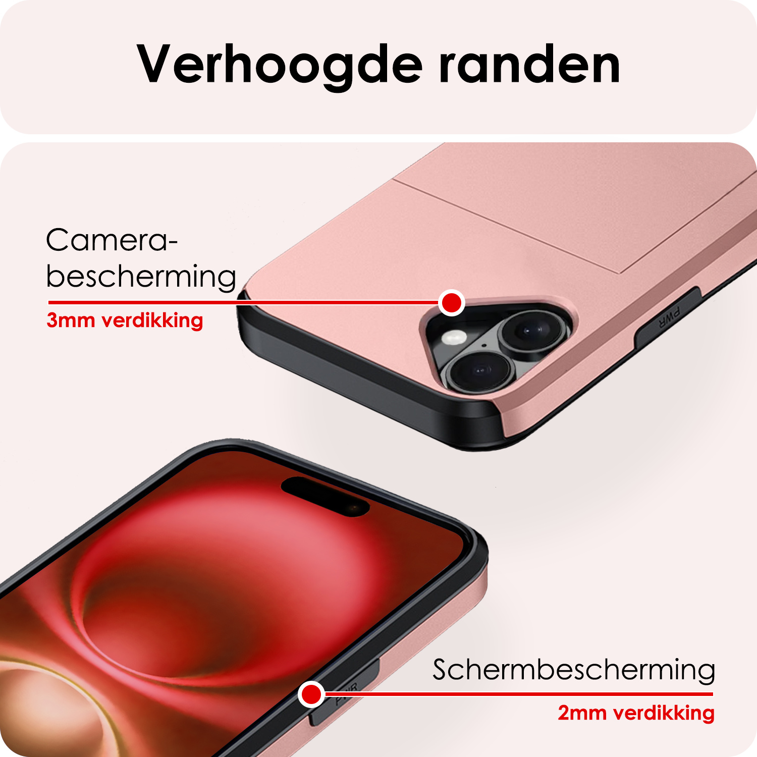 NoXx Hoes Geschikt voor iPhone 16 Plus Hoesje Pasjeshouder Hard Cover Shock Proof Hard Case Hoes Met Kaarthouder - Rosé goud