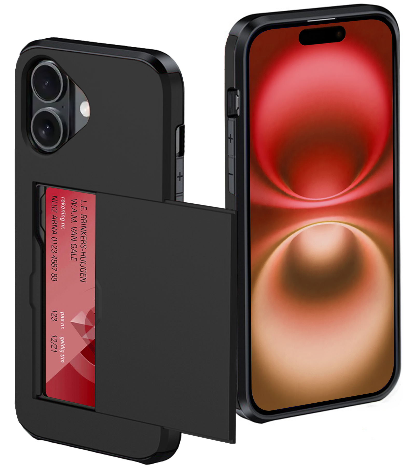 NoXx Hoes Geschikt voor iPhone 16 Plus Hoesje Pasjeshouder Hard Cover Shock Proof Hard Case Hoes Met Kaarthouder - Zwart