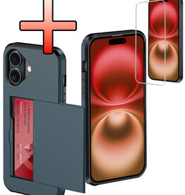 NoXx NoXx iPhone 16 Plus Hoesje Pashouder Hard Met Screenprotector - Donker Blauw