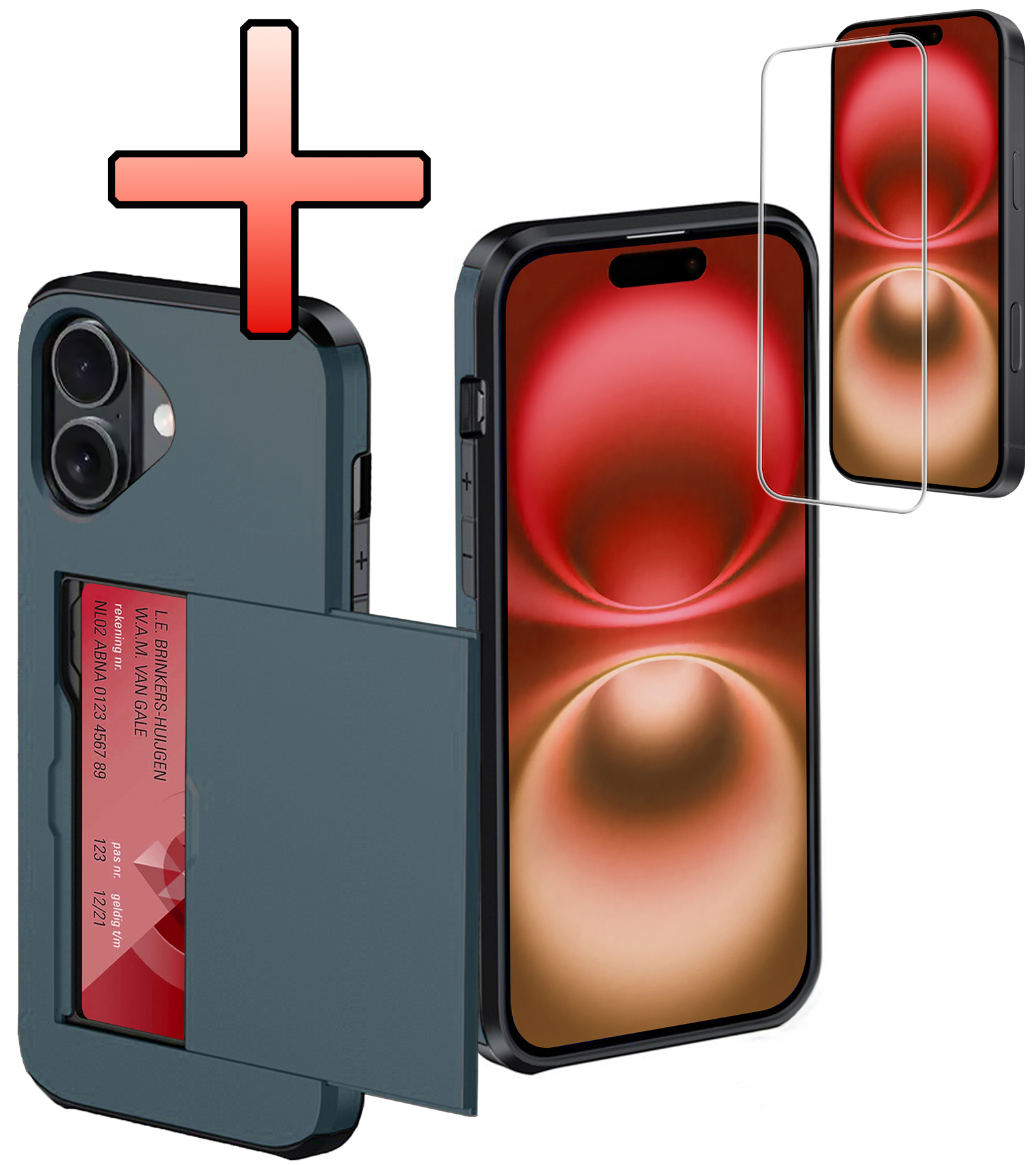 NoXx Hoes Geschikt voor iPhone 16 Plus Hoesje Pasjeshouder Hard Cover Met Screenprotector Shock Proof Hard Case Hoes Met Kaarthouder - Donkerblauw