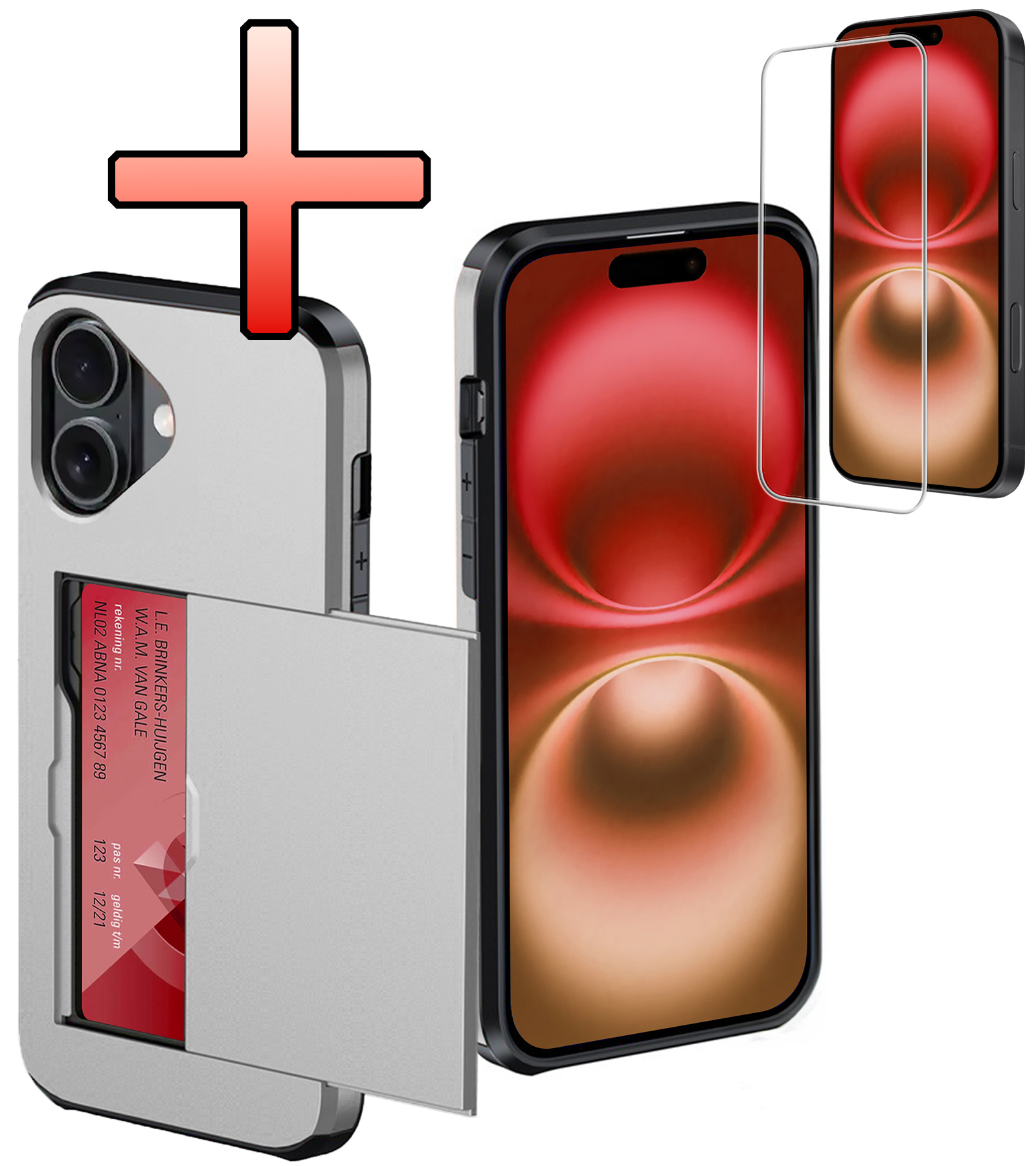 NoXx Hoes Geschikt voor iPhone 16 Plus Hoesje Pasjeshouder Hard Cover Met Screenprotector Shock Proof Hard Case Hoes Met Kaarthouder - Grijs