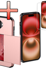 NoXx Hoes Geschikt voor iPhone 16 Plus Hoesje Pasjeshouder Hard Cover Met Screenprotector Shock Proof Hard Case Hoes Met Kaarthouder - Rosé goud