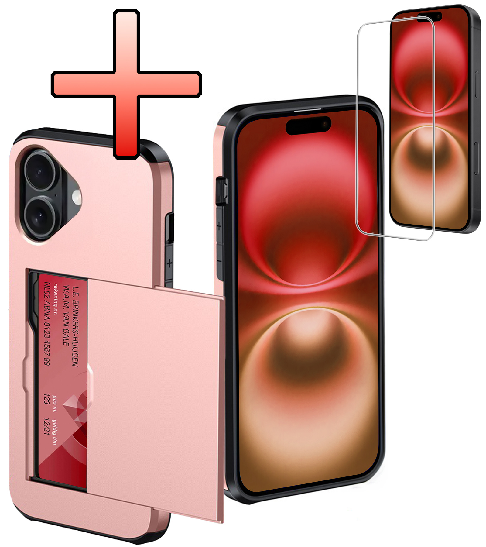 NoXx Hoes Geschikt voor iPhone 16 Plus Hoesje Pasjeshouder Hard Cover Met Screenprotector Shock Proof Hard Case Hoes Met Kaarthouder - Rosé goud