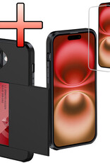 NoXx Hoes Geschikt voor iPhone 16 Plus Hoesje Pasjeshouder Hard Cover Met Screenprotector Shock Proof Hard Case Hoes Met Kaarthouder - Zwart