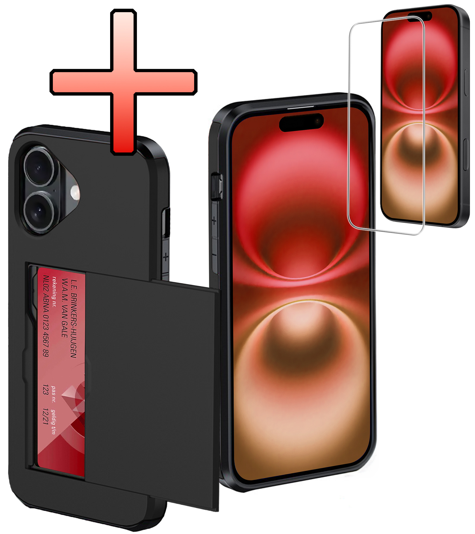 NoXx Hoes Geschikt voor iPhone 16 Plus Hoesje Pasjeshouder Hard Cover Met Screenprotector Shock Proof Hard Case Hoes Met Kaarthouder - Zwart