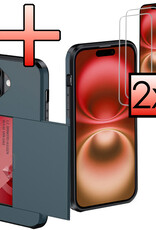 NoXx Hoes Geschikt voor iPhone 16 Plus Hoesje Pasjeshouder Hard Cover Met 2x Screenprotector Shock Proof Hard Case Hoes Met Kaarthouder - Donkerblauw