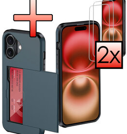NoXx NoXx iPhone 16 Plus Hoesje Pashouder Hard Met 2x Screenprotector - Donker Blauw