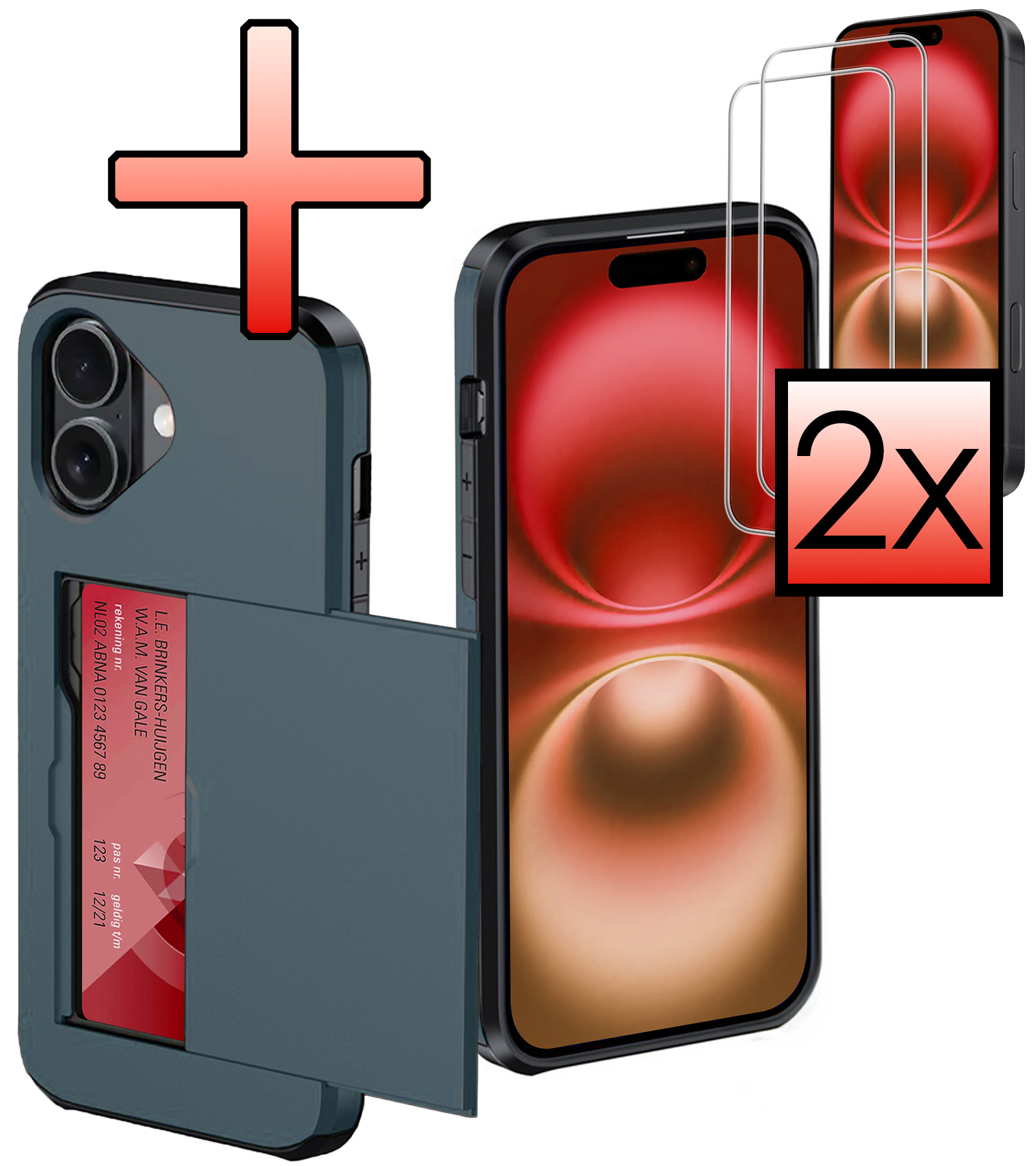 NoXx Hoes Geschikt voor iPhone 16 Plus Hoesje Pasjeshouder Hard Cover Met 2x Screenprotector Shock Proof Hard Case Hoes Met Kaarthouder - Donkerblauw