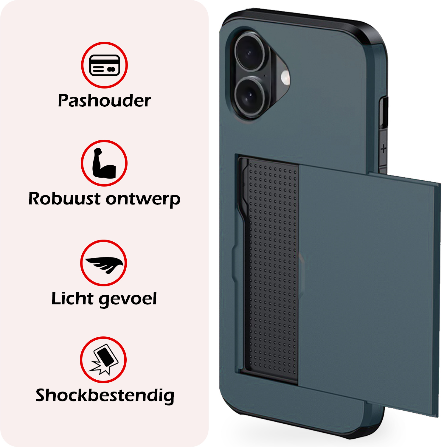 NoXx Hoes Geschikt voor iPhone 16 Plus Hoesje Pasjeshouder Hard Cover Met 2x Screenprotector Shock Proof Hard Case Hoes Met Kaarthouder - Donkerblauw